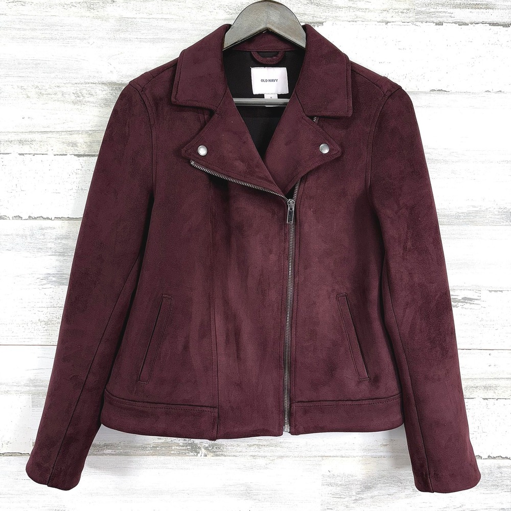Old‎ Navy Moto Biker Jacket Womens Size M Burgundy Wine Faux Suede Full Zip